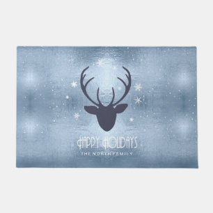 Deer Antlers Silhouette & Snowflakes Blue ID861 Doormat