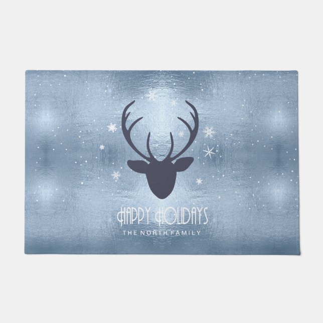 Deer Antlers Silhouette & Snowflakes Blue ID861 Doormat (Front)