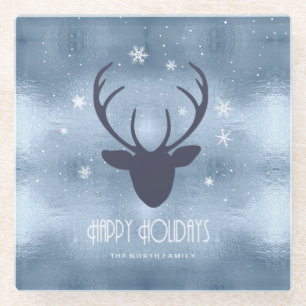Deer Antlers Silhouette & Snowflakes Blue ID861 Glass Coaster