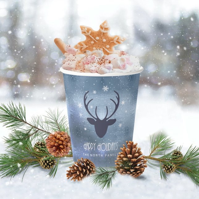 Deer Antlers Silhouette & Snowflakes Blue ID861 Paper Cups (Creator Uploaded)