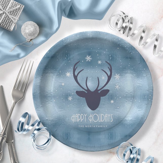 Deer Antlers Silhouette & Snowflakes Blue ID861 Paper Plate (Creator Uploaded)