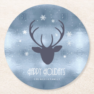Deer Antlers Silhouette & Snowflakes Blue ID861 Round Paper Coaster