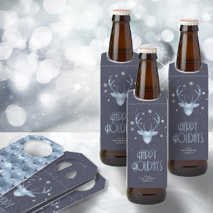 Deer Antlers Silhouette & Snowflakes Blue ID863 Bottle Tag