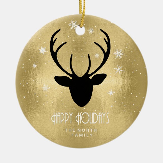 Deer Antlers Silhouette & Snowflakes Gold ID861 Ceramic Tree Decoration (Front)