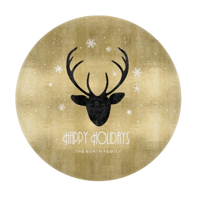 Deer Antlers Silhouette & Snowflakes Gold ID861 Cutting Board (Front)