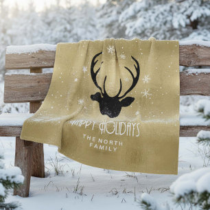 Deer Antlers Silhouette & Snowflakes Gold ID861 Fleece Blanket