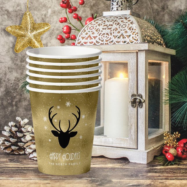 Deer Antlers Silhouette & Snowflakes Gold ID861 Paper Cups (Creator Uploaded)