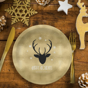 Deer Antlers Silhouette & Snowflakes Gold ID861 Paper Plate