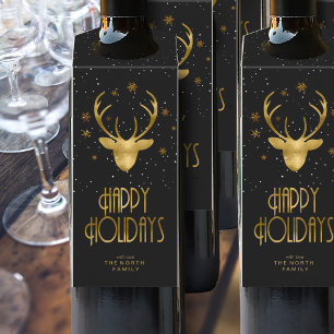 Deer Antlers Silhouette & Snowflakes Gold ID863  Bottle Tag