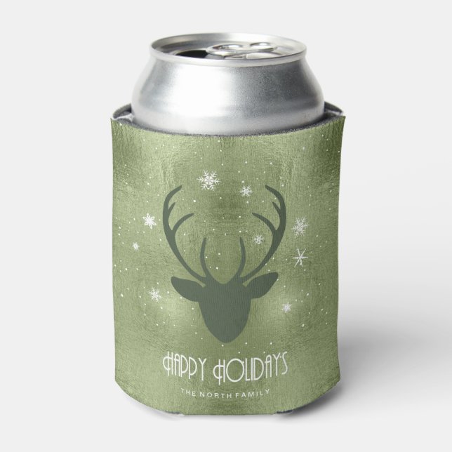 Deer Antlers Silhouette & Snowflakes Green ID861 Can Cooler (Can Front)