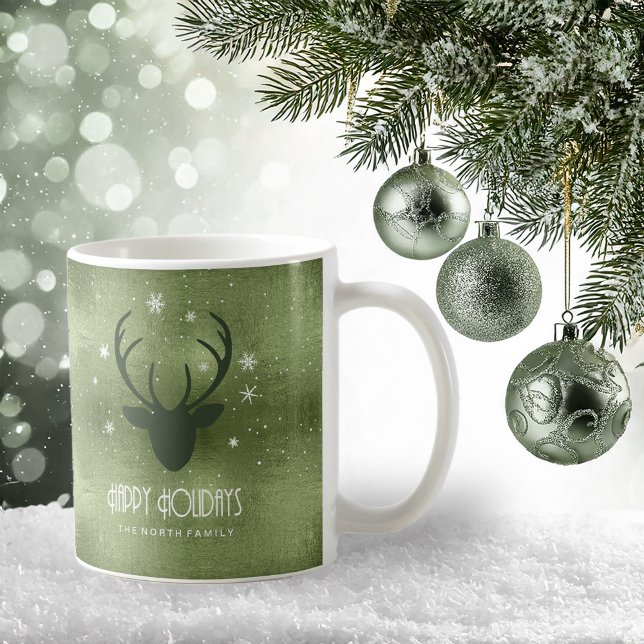 Deer Antlers Silhouette & Snowflakes Green ID861 Coffee Mug (Creator Uploaded)