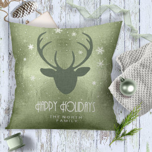 Deer Antlers Silhouette & Snowflakes Green ID861 Cushion