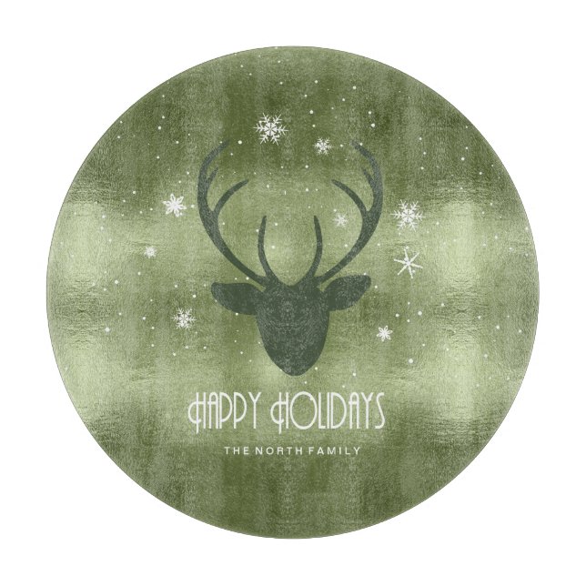 Deer Antlers Silhouette & Snowflakes Green ID861 Cutting Board (Front)