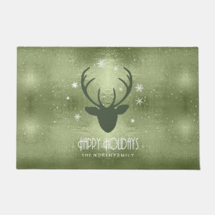 Deer Antlers Silhouette & Snowflakes Green ID861 Doormat