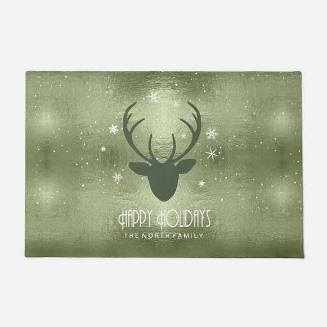 Deer Antlers Silhouette & Snowflakes Green ID861 Doormat (Front)