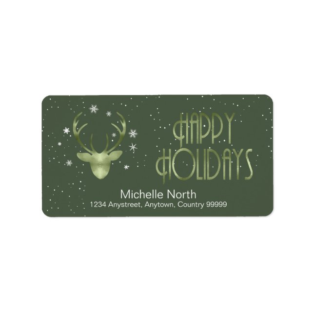 Deer Antlers Silhouette & Snowflakes Green ID861 Label (Front)