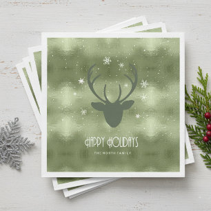 Deer Antlers Silhouette & Snowflakes Green ID861 Napkin