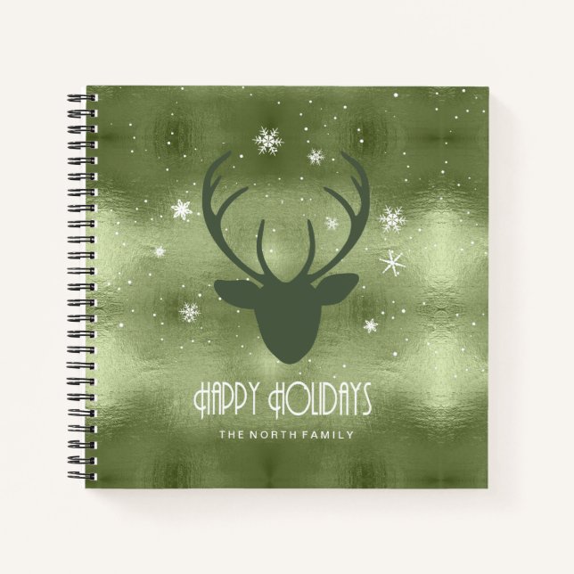Deer Antlers Silhouette & Snowflakes Green ID861 Notebook (Front)