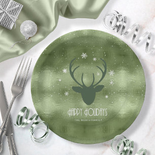 Deer Antlers Silhouette & Snowflakes Green ID861 Paper Plate