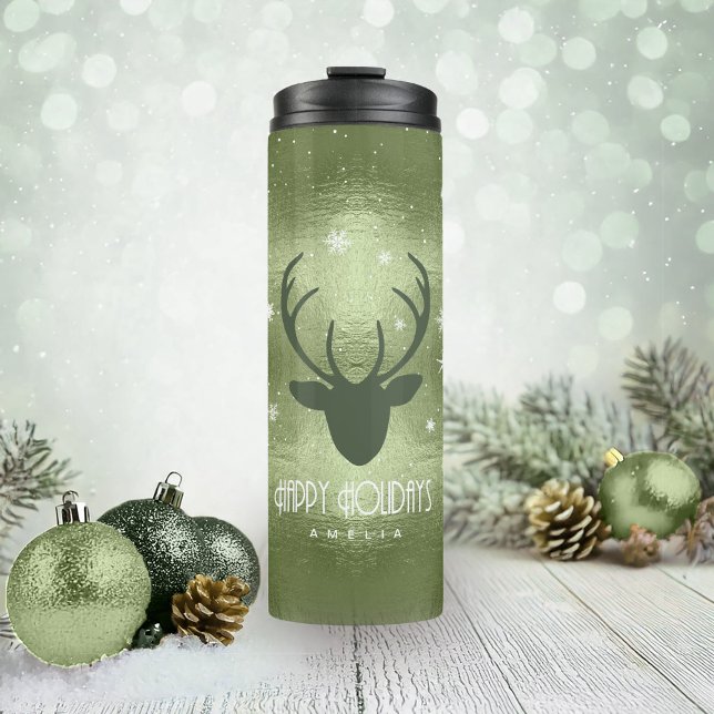 Deer Antlers Silhouette & Snowflakes Green ID861 Thermal Tumbler (Creator Uploaded)