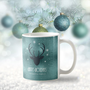 Deer Antlers Silhouette & Snowflakes Teal ID861 Coffee Mug