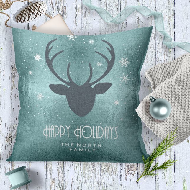 Deer Antlers Silhouette & Snowflakes Teal ID861  Cushion (Creator Uploaded)