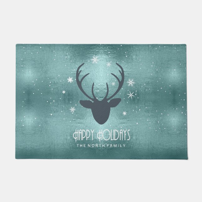 Deer Antlers Silhouette & Snowflakes Teal ID861  Doormat (Front)