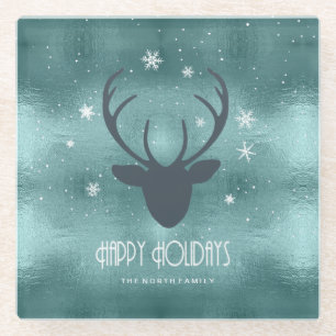 Deer Antlers Silhouette & Snowflakes Teal ID861 Glass Coaster