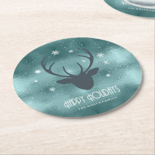Deer Antlers Silhouette & Snowflakes Teal ID861 Round Paper Coaster