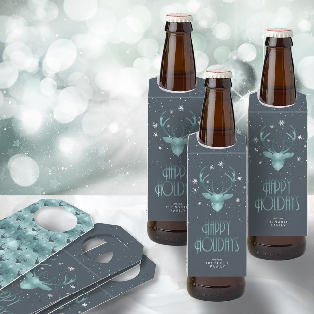 Deer Antlers Silhouette & Snowflakes Teal ID863 Bottle Tag (Front/Back In Situ)