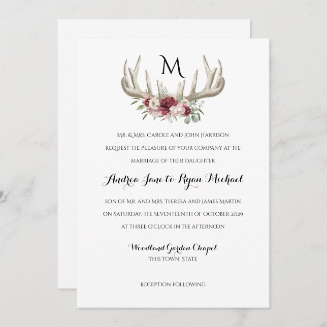 Deer Antlers Vintage Woodland Wedding Invitation (Front/Back)
