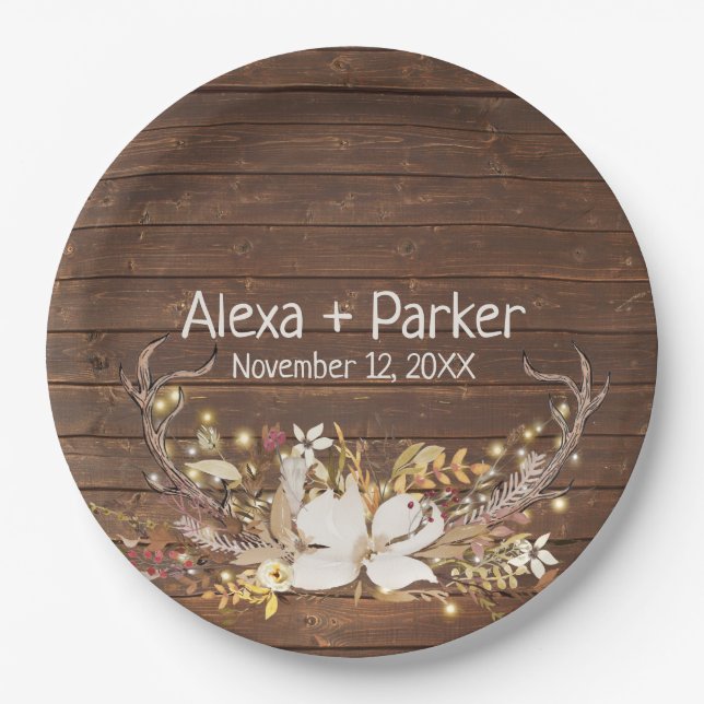 Deer Antlers Wedding Bouquet Paper Plate (Front)