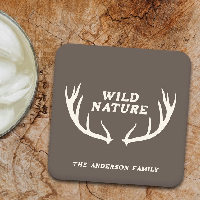 Deer Antlers & Wild Nature Square Paper Coaster (Deer Antlers & Wild Nature Coaster)