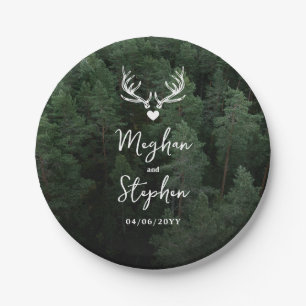 Deer Antlers Woodland Pine Tree Forest Wedding Paper Plate