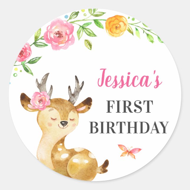 Deer Baby Girl First Birthday Doe Guest Favour Pin Classic Round Sticker (Front)