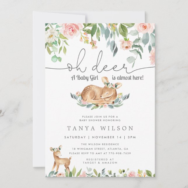 Deer Baby Girl Floral Baby Shower Invitation (Front)