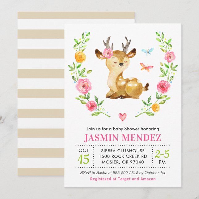 Deer Baby Girl Shower Pink Sprinkle Cute Floral Invitation (Front/Back)