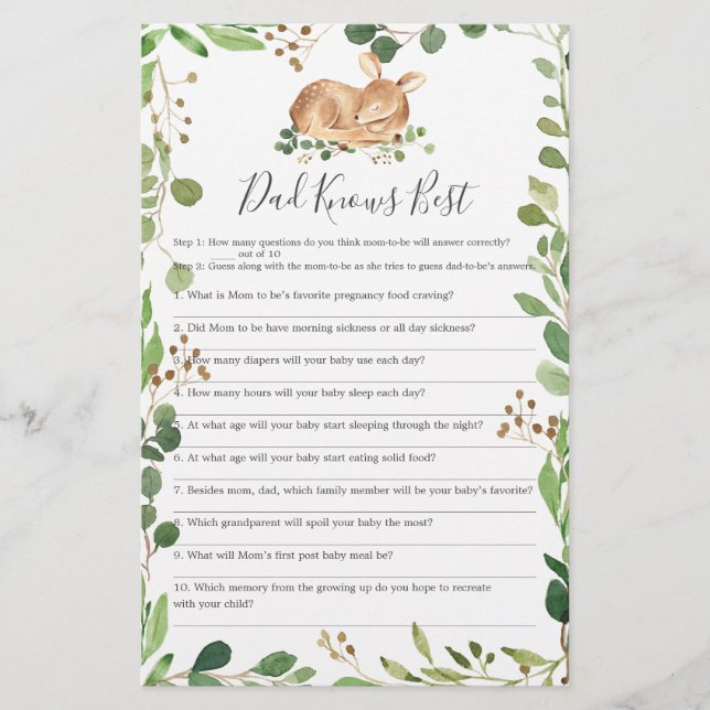 Deer Baby Shower Dad Knows Best Game (Front)