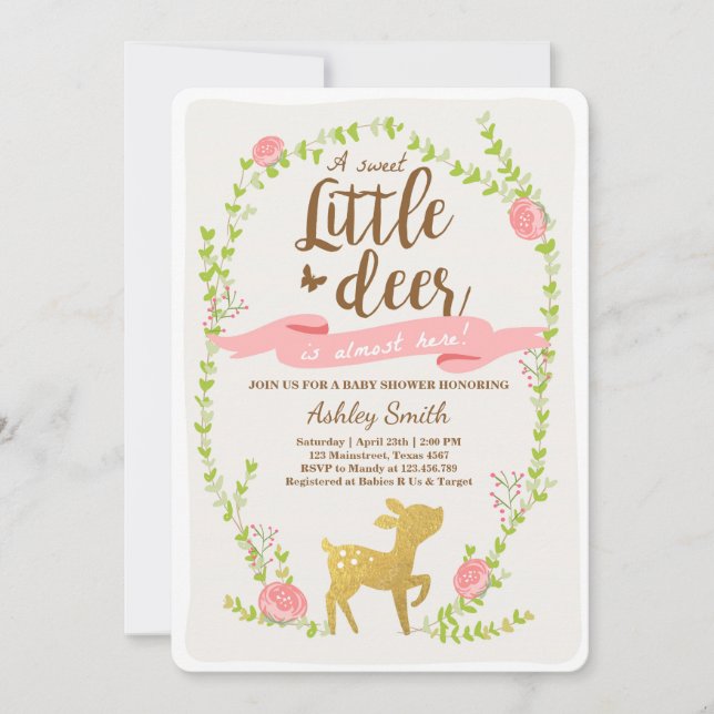 Deer baby shower inviteWoodland Girl pink gold Invitation (Front)
