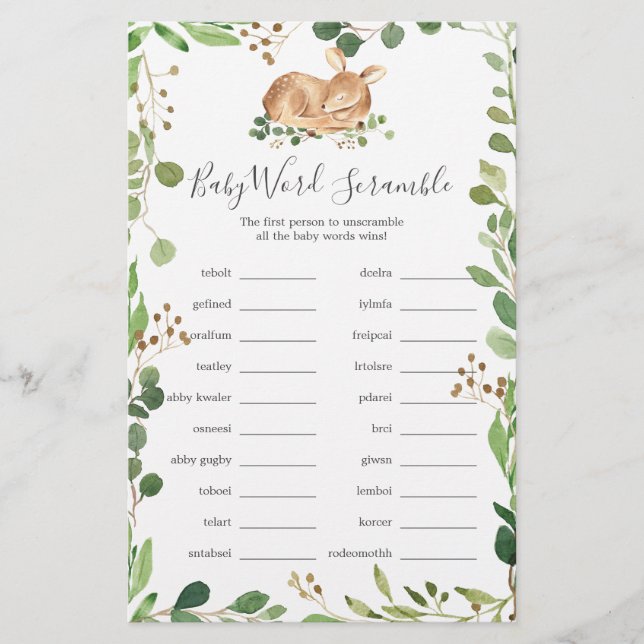 Deer Baby Shower Word Scramble Game (Front)