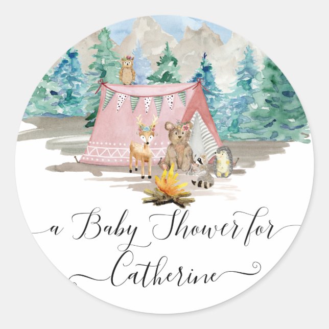 Deer Bear Forest Animals Floral Rustic Baby Shower Classic Round Sticker (Front)