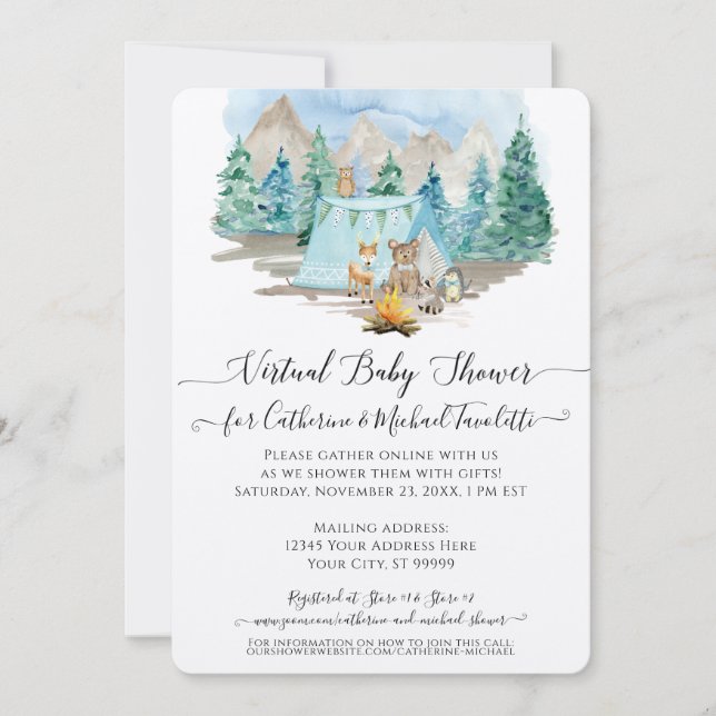 Deer Bear Watercolor Forest Virtual Baby Shower Invitation (Front)