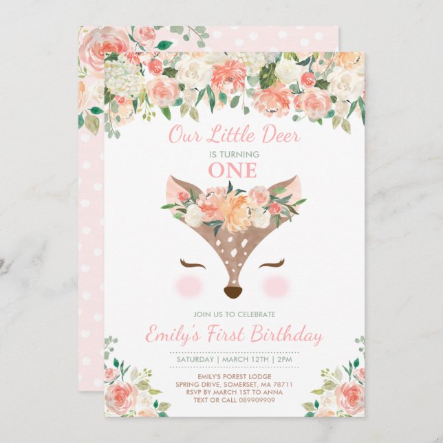 Deer Birthday Invitation Floral Woodland Deer (Front/Back)