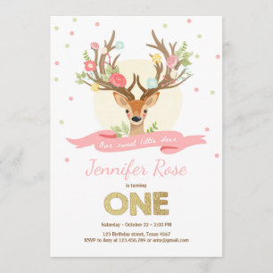 Deer birthday invite Antlers Woodland Gold Pink