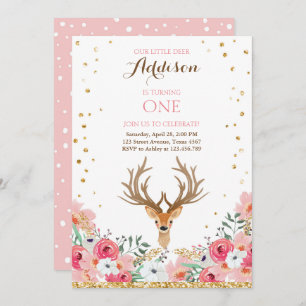 Deer birthday invite Woodland Gold Pink Floral