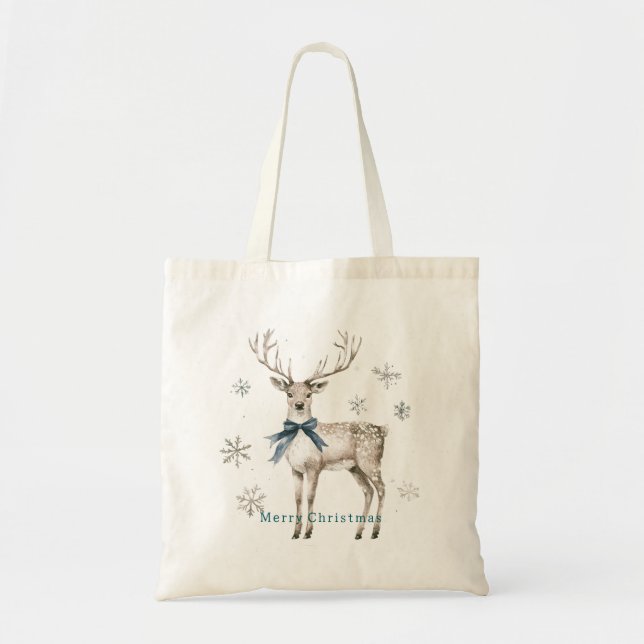 Deer Blue Bow Snowflakes Christmas Tote Bag (Front)