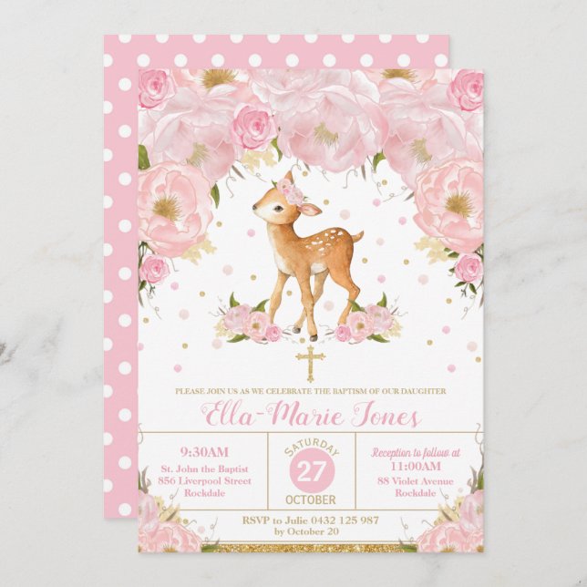 Deer Blush Floral Baptism Christening Girl Invitation (Front/Back)