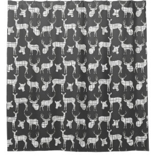 Deer Buck and Doe Silhouette Black and White Shower Curtain