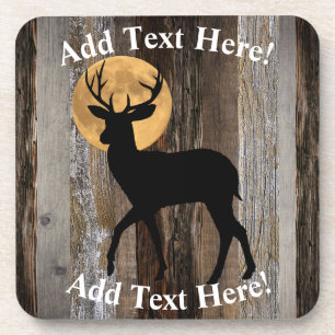 Deer Buck Antlers Full Moon Rustic Wood Coaster