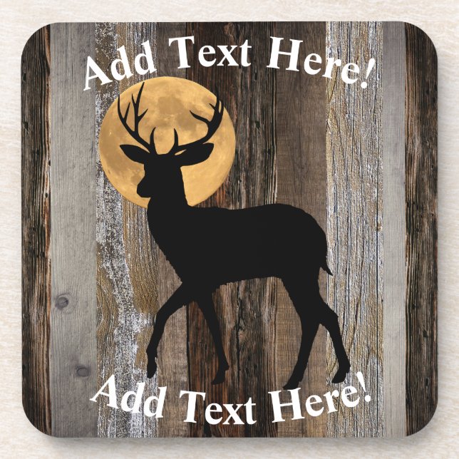 Deer Buck Antlers Full Moon Rustic Wood Coaster (Front)